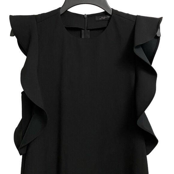 ZARA Women's Shift Midi Dress Size XS Black Ruffled Flutter Sleeves Fairy - Picture 2 of 13